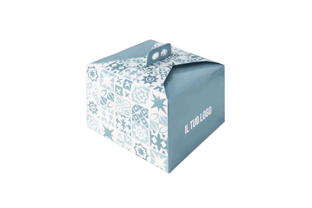 Template scatola panettone azzurra e bianca con fantasie invernali