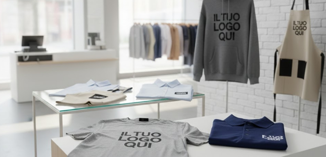 Esposizione in showroom di abbigliamento professionale personalizzato: t-shirt, polo, felpe e grembiuli con logo aziendale stampato. Divise da lavoro Palestini.