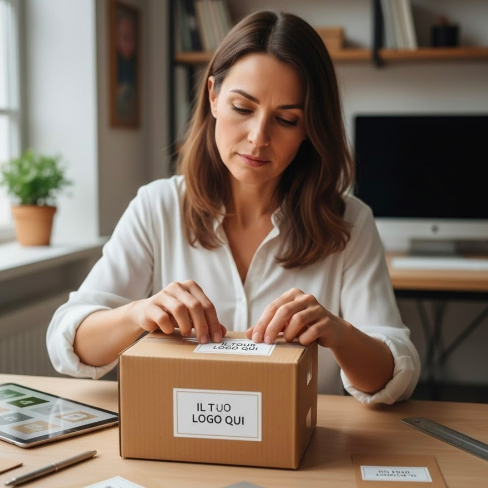 Primo piano di una donna che applica con cura un'etichetta adesiva bianca personalizzata con logo su una scatola di cartone. Soluzioni di packaging e branding professionale Palestini.