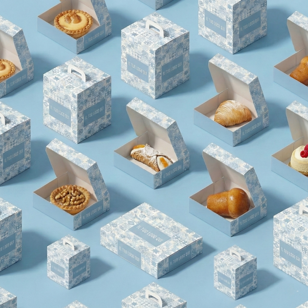 Composizione ripetuta di scatole per pasticceria aperte e chiuse con grafica maiolica blu, contenenti dolci singoli come cannoli, babà e sfogliatelle. Soluzioni di packaging professionale e personalizzato.