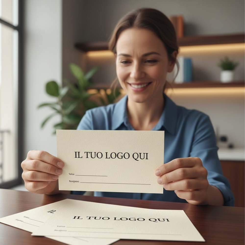 Donna sorridente che tiene in mano un buono regalo personalizzato con logo aziendale e campi per inserire valore e destinatario. Stampa gift card professionali Palestini.