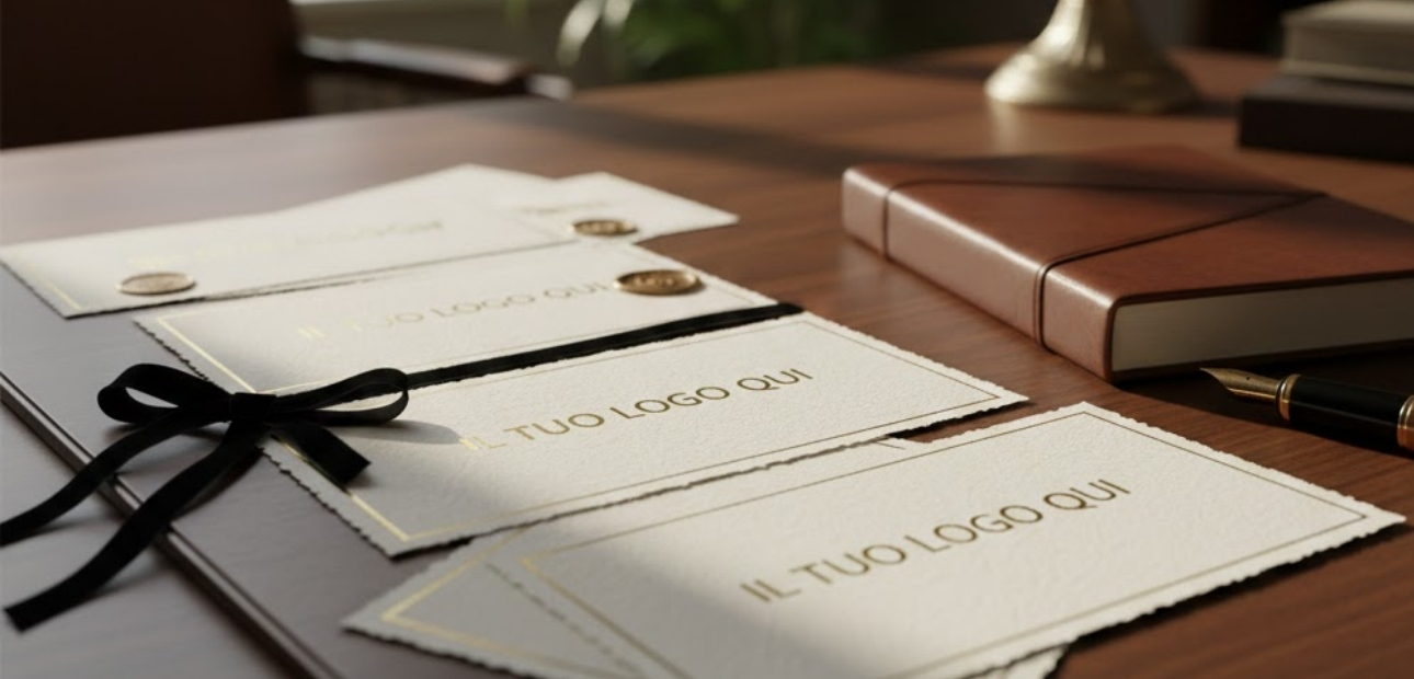 Esempi di buoni regalo eleganti in carta pregiata con bordi sfrangiati, finiture in oro e sigilli in ceralacca su una scrivania professionale. Stampa gift card personalizzate Palestini.