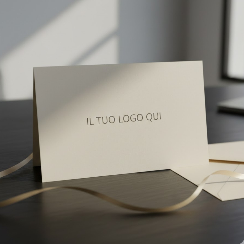 Primo piano di un buono regalo o gift card personalizzata color crema dal design minimalista, appoggiata su un tavolo scuro con un nastro sottile in primo piano. Servizi di stampa professionale Palestini.