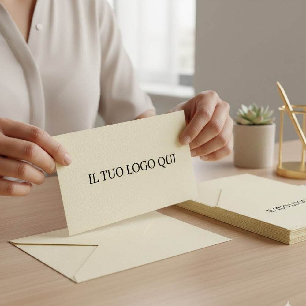 Mani che tengono un buono regalo personalizzato color crema sopra la sua busta coordinata su una scrivania da ufficio moderna. Soluzioni di stampa gift card eleganti Palestini.