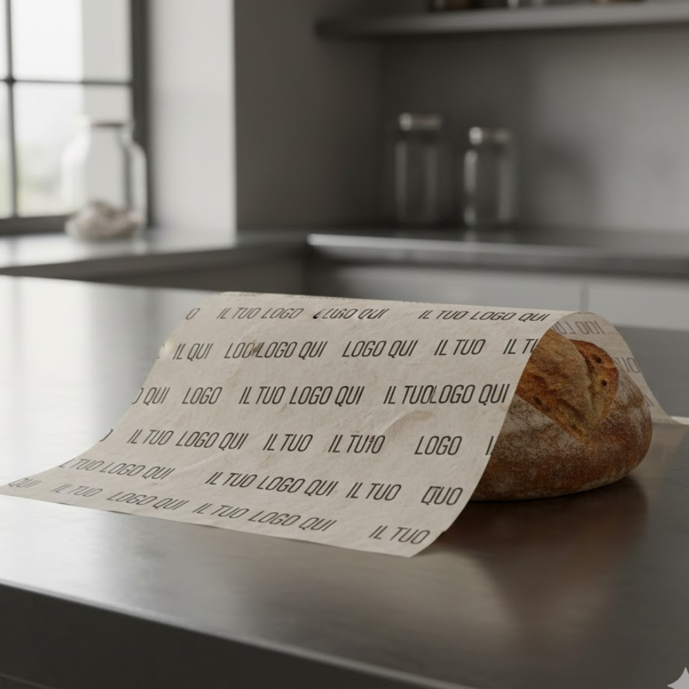 Dettaglio di una pagnotta di pane rustico avvolta in carta oleata alimentare personalizzata con logo nero stampato in serie. Soluzioni di packaging per panifici e forni Palestini.