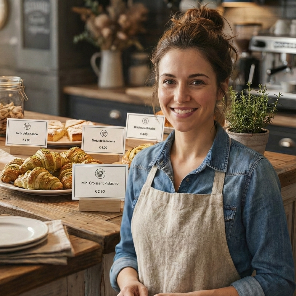 Titolare di una pasticceria sorridente accanto a un'esposizione di croissant con cartellini segnaprezzo personalizzati su supporti in legno. Stampa accessori professionali per negozi Palestini.