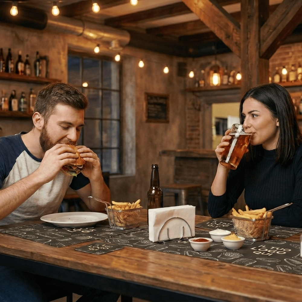 Coppia di clienti che consuma un pasto e beve birra in un pub dall'atmosfera rustica, utilizzando tovagliette e portatovaglioli personalizzati con il brand del locale. Esperienza cliente curata con packaging Palestini.