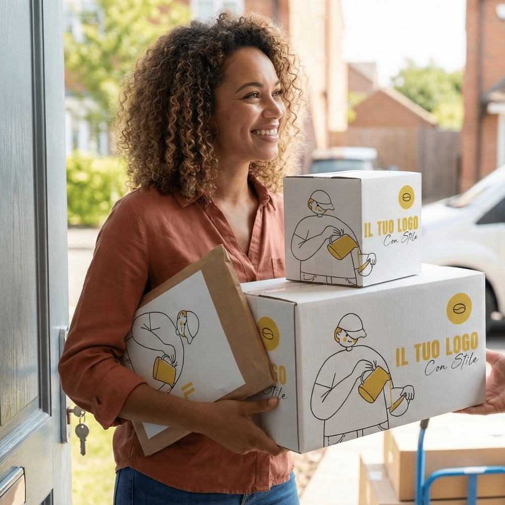 Donna sorridente sulla porta di casa mentre tiene tra le braccia diverse scatole e una busta per spedizioni e-commerce personalizzate con grafica gialla e bianca. Soluzioni Palestini per la customer experience online.
