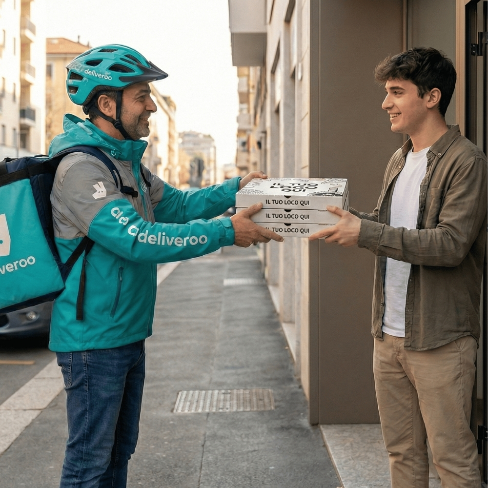 Rider di un servizio di delivery consegna una pila di tre scatole pizza personalizzate con logo a un giovane cliente sulla porta di casa. Soluzioni di packaging per pizzerie e food delivery Palestini.