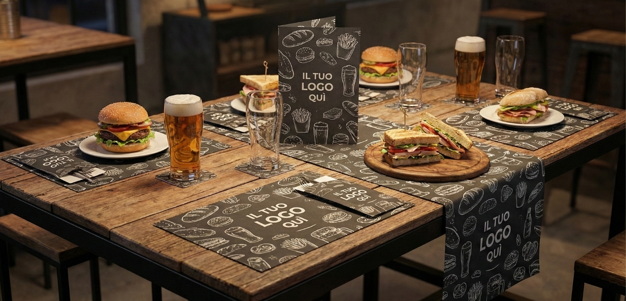 Tavolo in legno allestito con tovagliette americane, menù e accessori personalizzati con grafica chalkboard nera e bianca per la ristorazione. Soluzioni di packaging e coordinati B2B per bar, pub e locali Palestini.