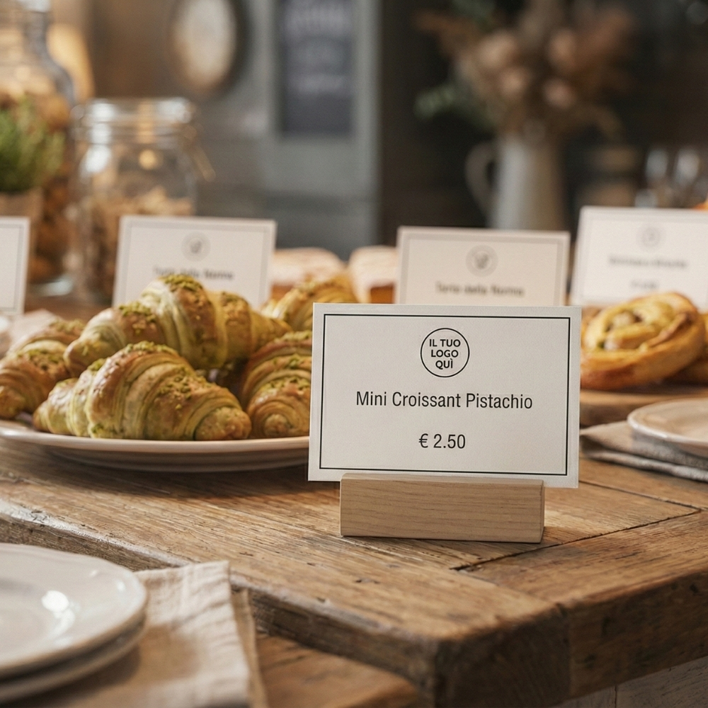 Primo piano di un segnaprezzo personalizzato per mini croissant al pistacchio con logo, inserito in un supporto di legno naturale su un banco da esposizione. Stampa cartellini Palestini.