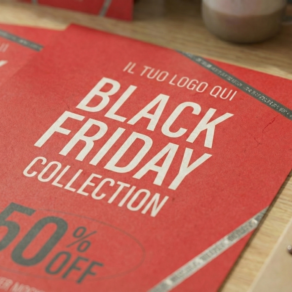 Dettaglio ravvicinato di un flyer promozionale rosso per il Black Friday con stampa personalizzabile di alta qualità e spazio per il logo. Soluzioni di stampa professionale per materiali di marketing Palestini.