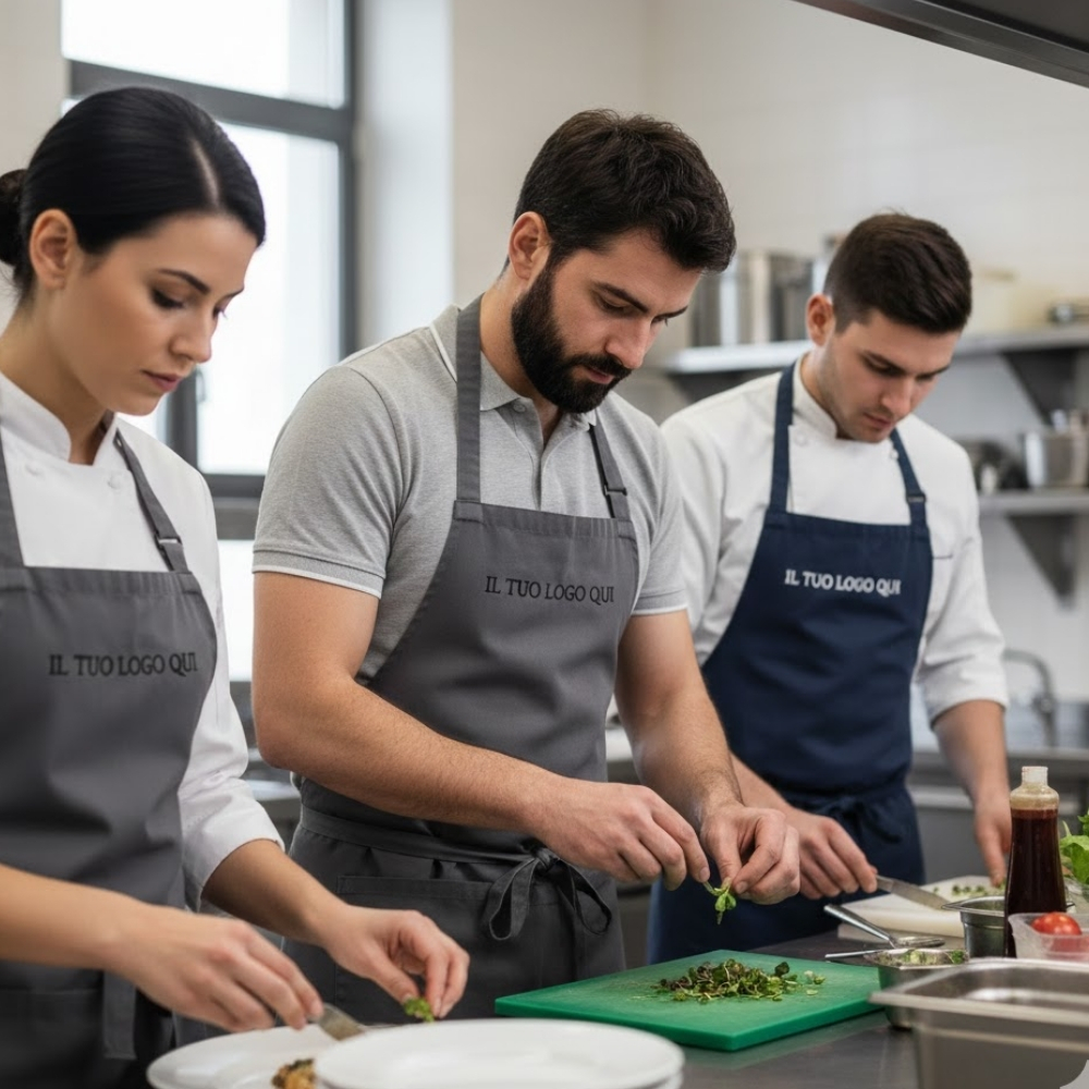 Tre professionisti della ristorazione al lavoro in una cucina moderna con grembiuli grigi e blu personalizzati con logo aziendale. Fornitura abbigliamento professionale Palestini.