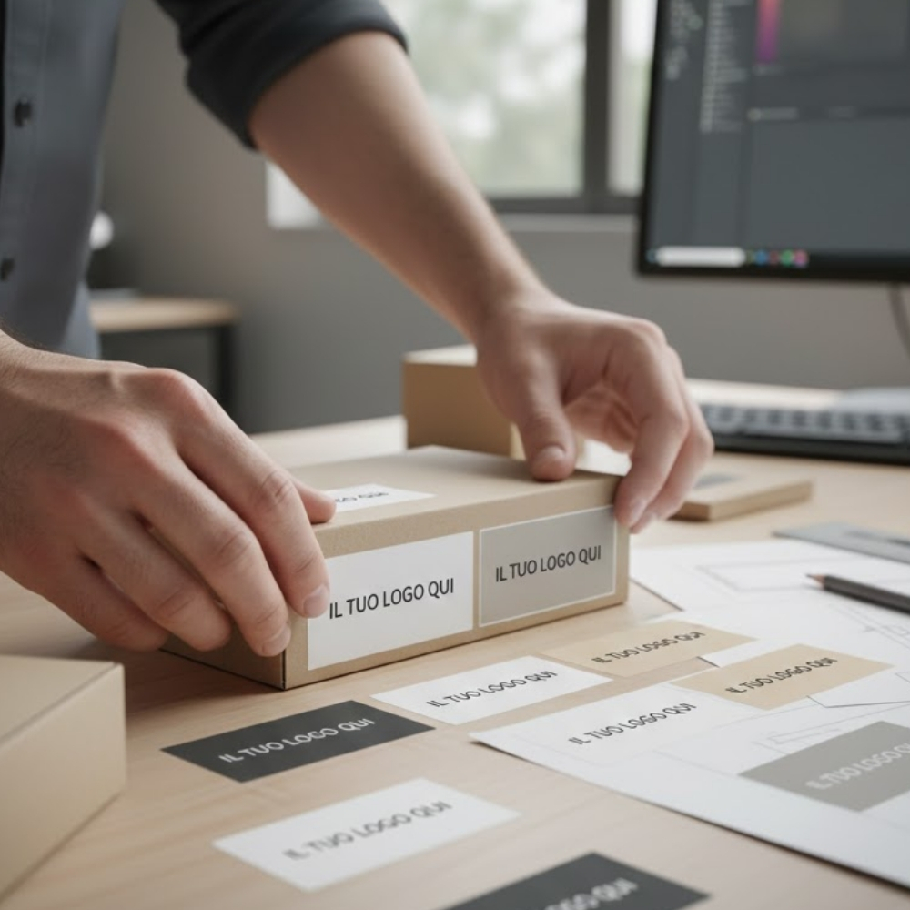 Dettaglio delle mani di un professionista che applica etichette adesive personalizzate con logo su una scatola di cartone in un ufficio creativo. Soluzioni di branding e fornitura etichette Palestini.