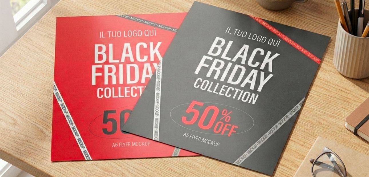 Esempio di flyer promozionali in formato A5 personalizzati per campagne Black Friday, uno rosso e uno nero, con spazio per logo aziendale e offerta speciale. Servizi di stampa e materiali promozionali per aziende Palestini.