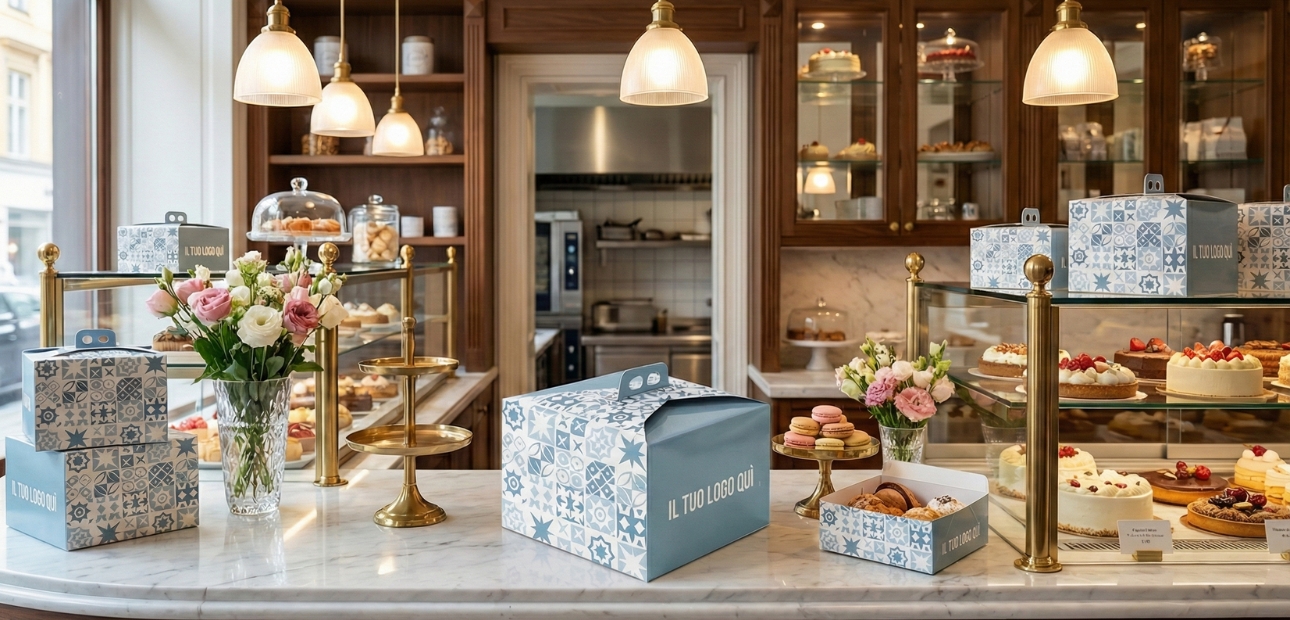 Scatole per pasticceria professionali con grafica a maioliche blu personalizzabile, esposte su bancone di pasticceria artigianale. Soluzioni di packaging B2B di alta qualità.