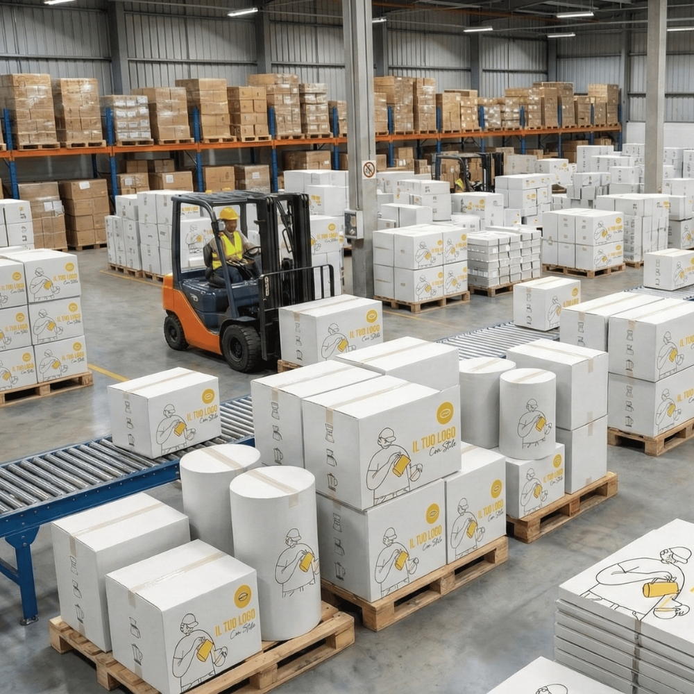 Ampio magazzino logistico con operatore su carrello elevatore e pallet di scatole bianche personalizzate per spedizioni e-commerce. Forniture industriali di packaging su misura Palestini.
