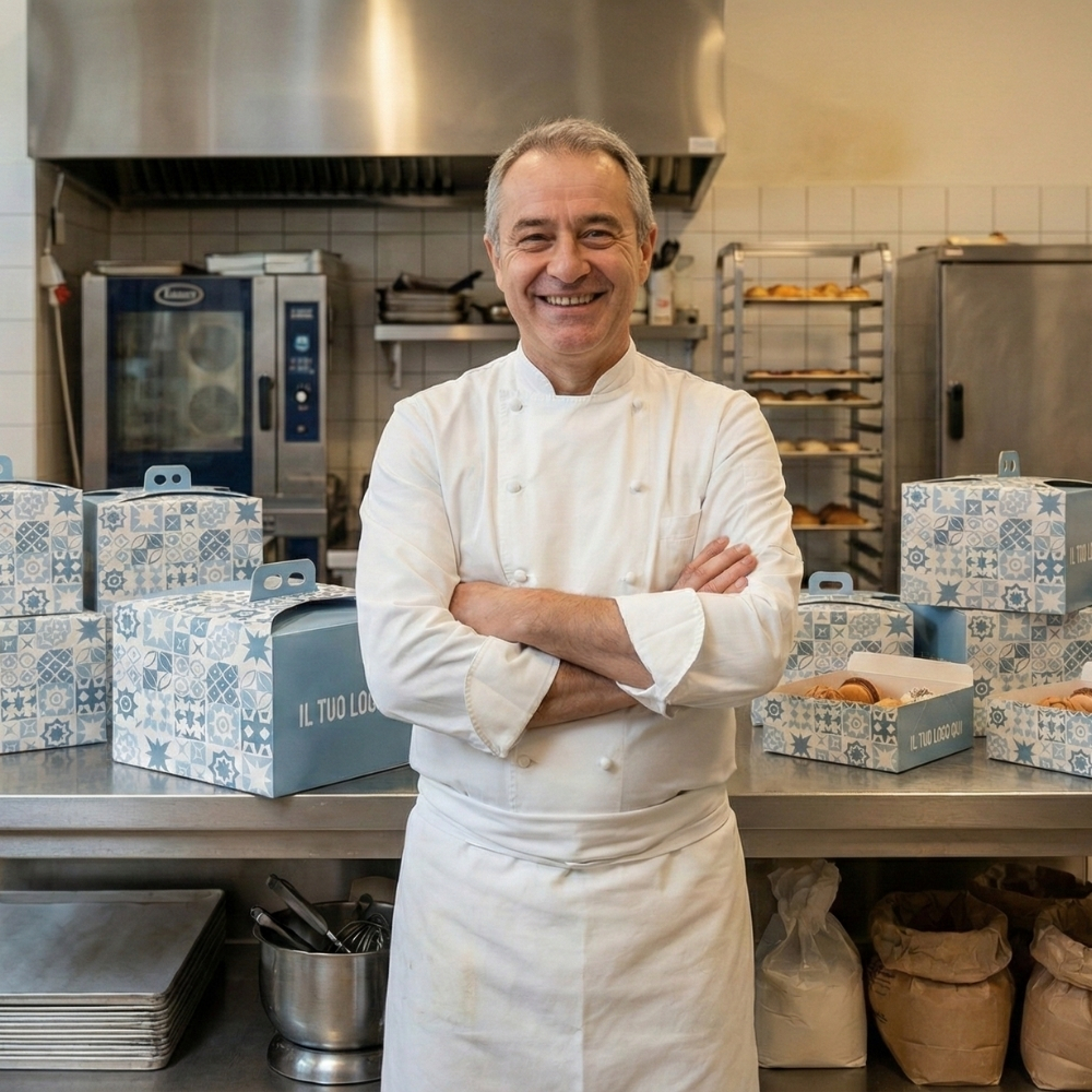 Maestro pasticciere sorridente nel suo laboratorio professionale dietro un tavolo in acciaio con diverse scatole a bauletto personalizzabili, caratterizzate da una grafica a maiolica blu e bianca. Soluzioni di packaging B2B per dolci artigianali.