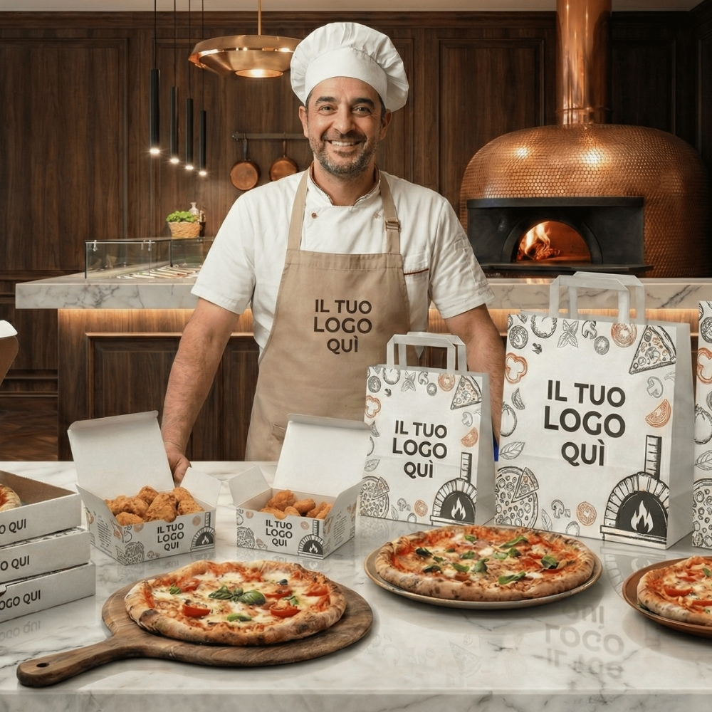 Maestro pizzaiolo sorridente nel suo locale davanti a un bancone in marmo con l'intera linea di packaging coordinato: scatole pizza, contenitori per fritti e shopper in carta con grafiche a tema. Forniture professionali Palestini.