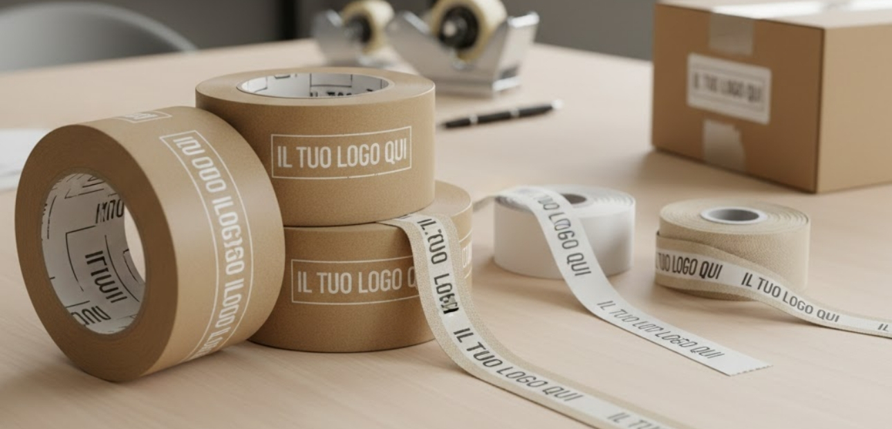 Assortimento di rotoli di nastro adesivo personalizzati con logo aziendale in versione carta avana e bianca, ideali per sigillare scatole da spedizione. Forniture di packaging professionale Palestini.