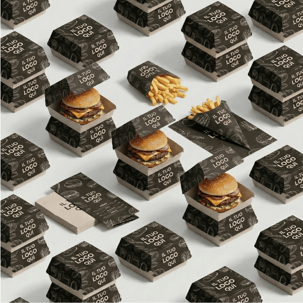 Composizione a pattern di packaging professionale per l'asporto: scatole per hamburger, coni per fritti e menù coordinati con grafica chalkboard nera e spazio per logo personalizzato. Soluzioni B2B Palestini per ristorazione.