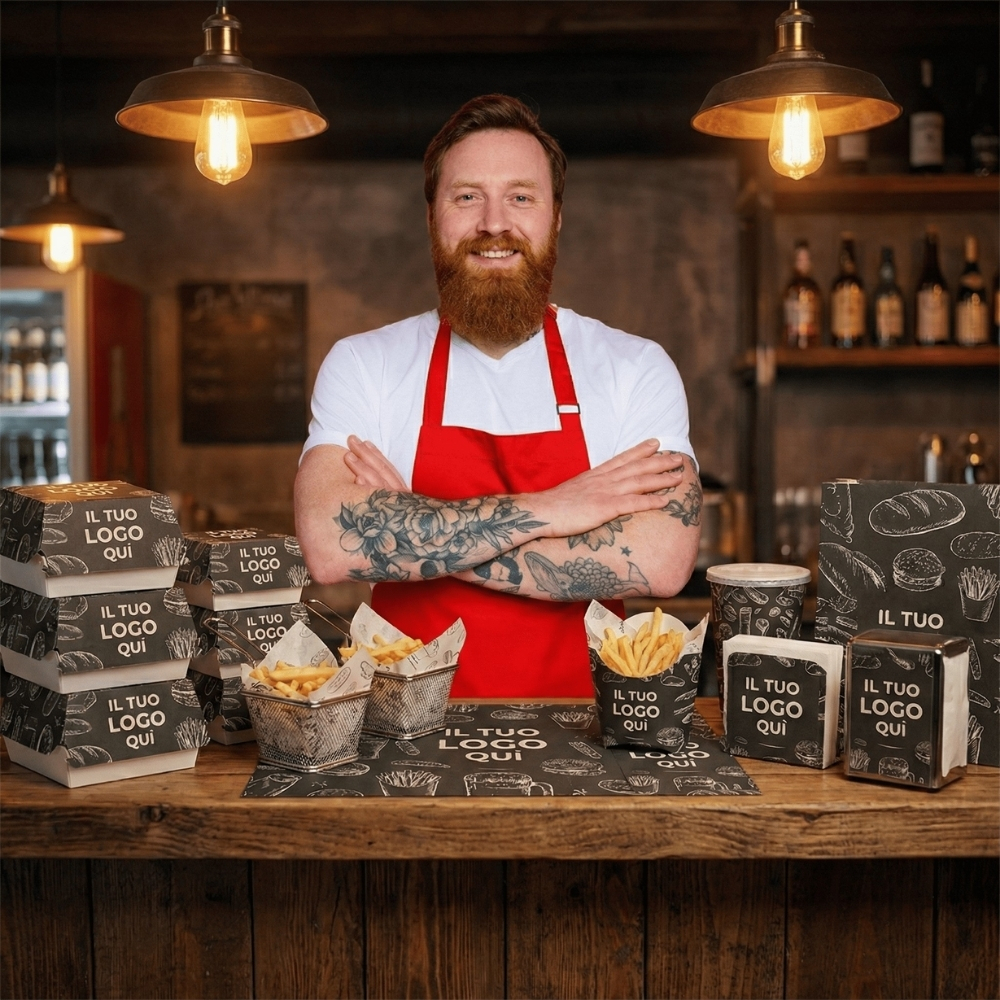 Gestore di un pub con barba e tatuaggi dietro il bancone, circondato da packaging per asporto personalizzato: scatole burger, porta patatine e tovaglioli con grafica chalkboard nera. Forniture B2B Palestini per take-away.