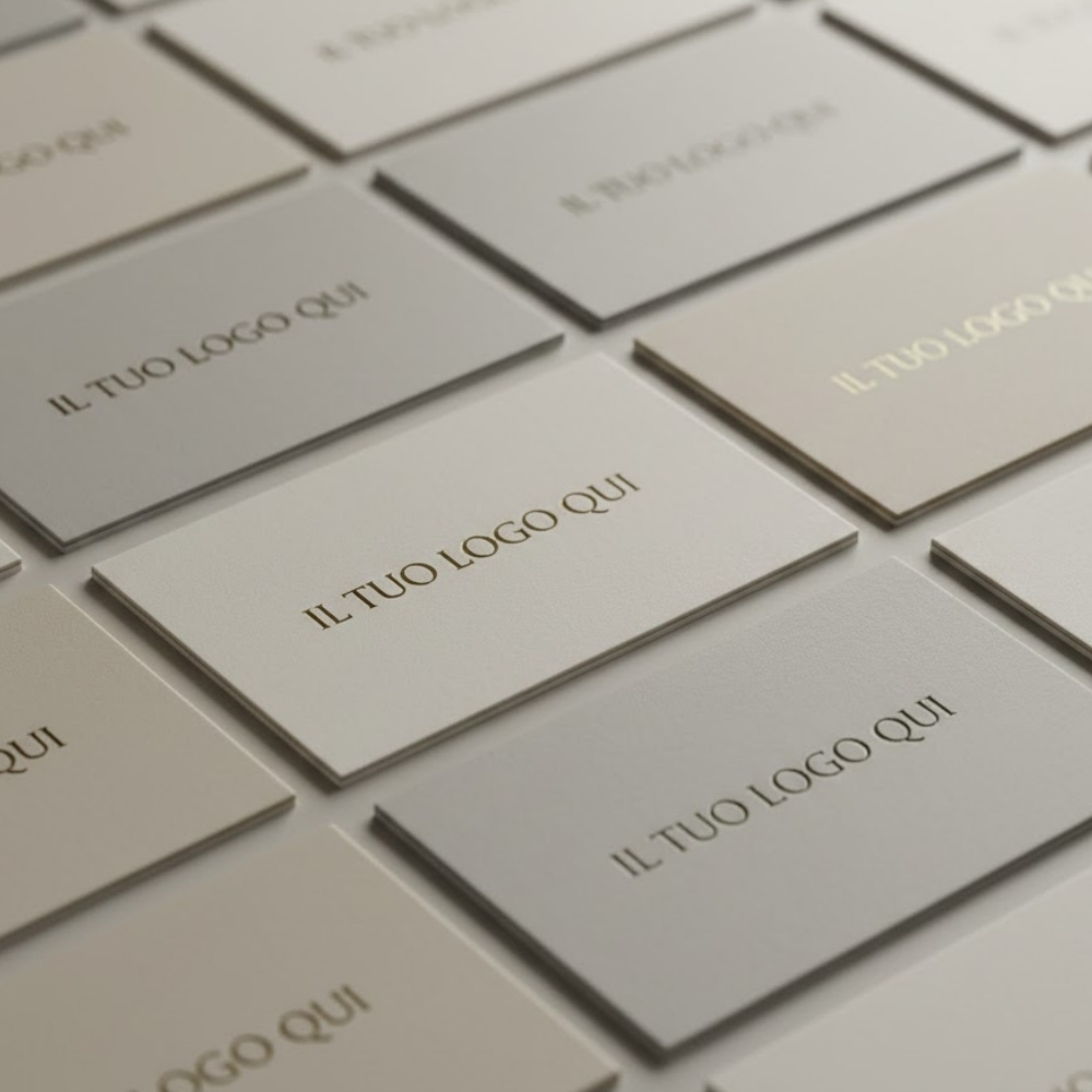 Composizione zenitale a pattern di gift card e buoni regalo personalizzati in tonalità neutre con logo stampato in oro metallizzato. Servizi di stampa di pregio Palestini.