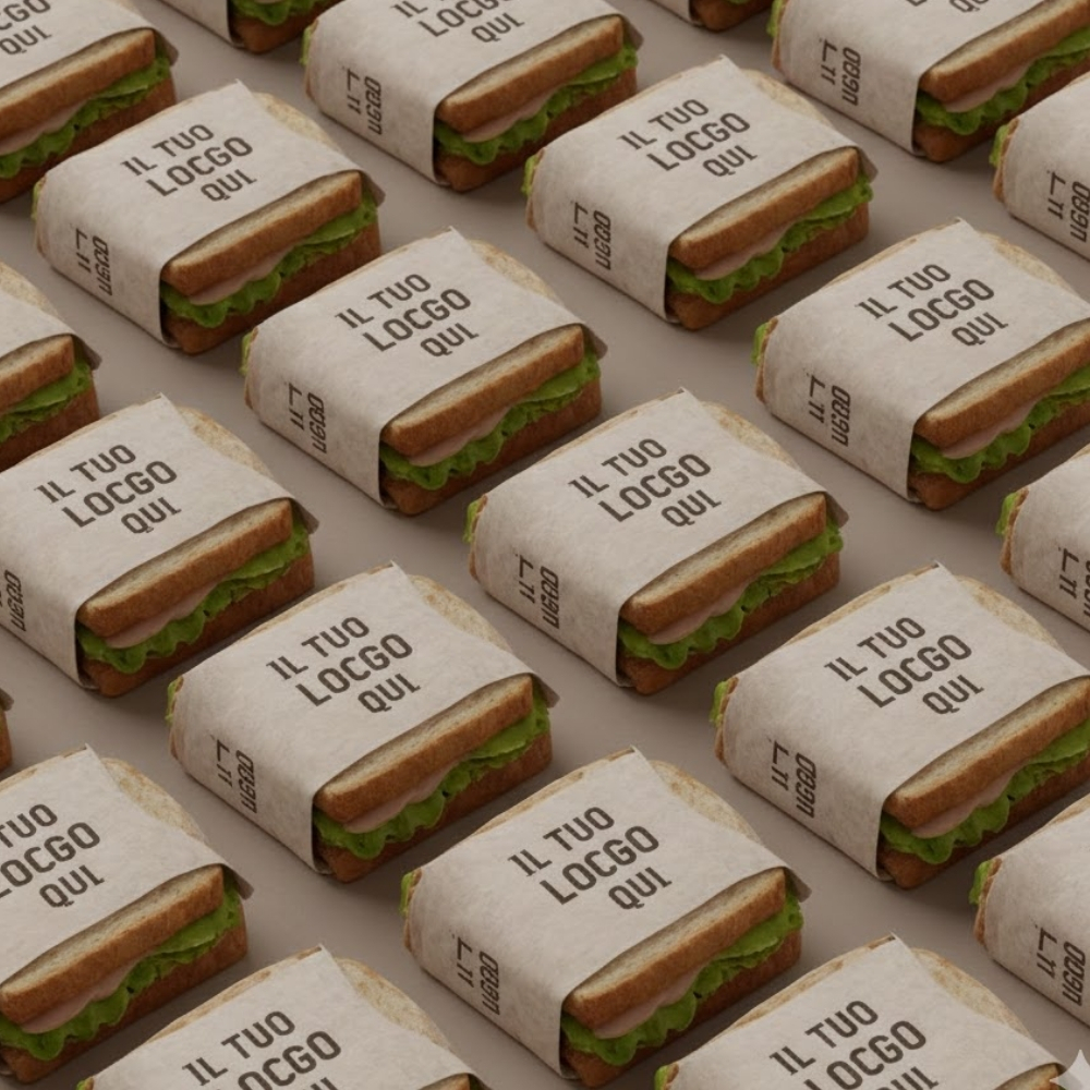 Composizione a pattern di sandwich e panini confezionati con carta alimentare personalizzata con logo nero su fondo neutro. Stampa professionale per packaging food Palestini.