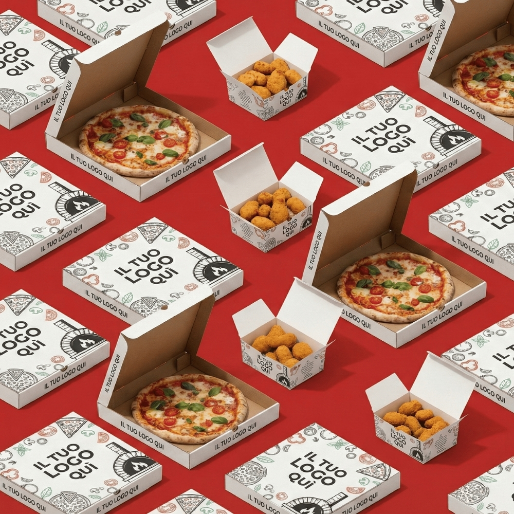 Composizione a pattern di scatole pizza bianche (aperte e chiuse) e contenitori per fritti personalizzati con logo, disposti su un vivace sfondo rosso. Packaging coordinato per pizzerie e asporto Palestini.