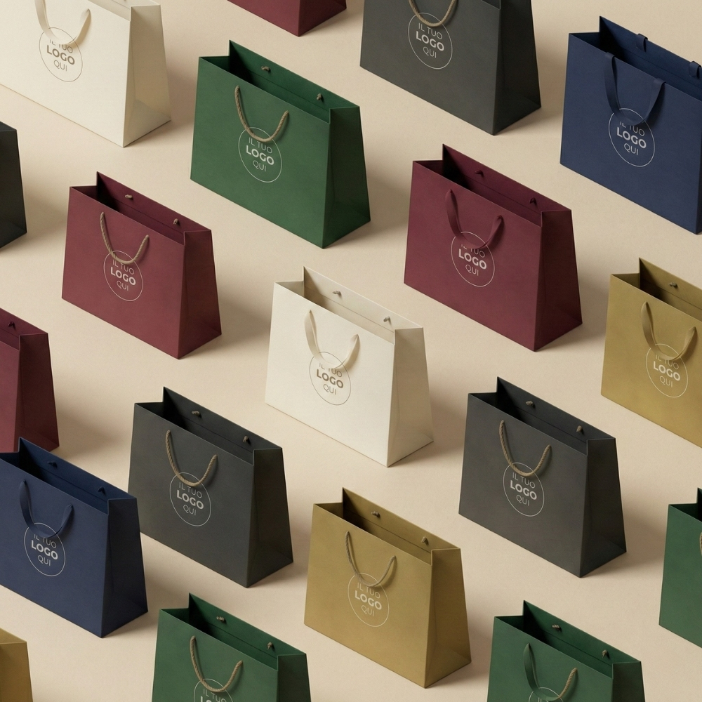 Composizione zenitale a pattern di shopper in carta in vari colori (verde, crema, bordeaux, blu e oro) con manici in cordino. Soluzioni di packaging personalizzabile per il settore retail e negozi B2B Palestini.