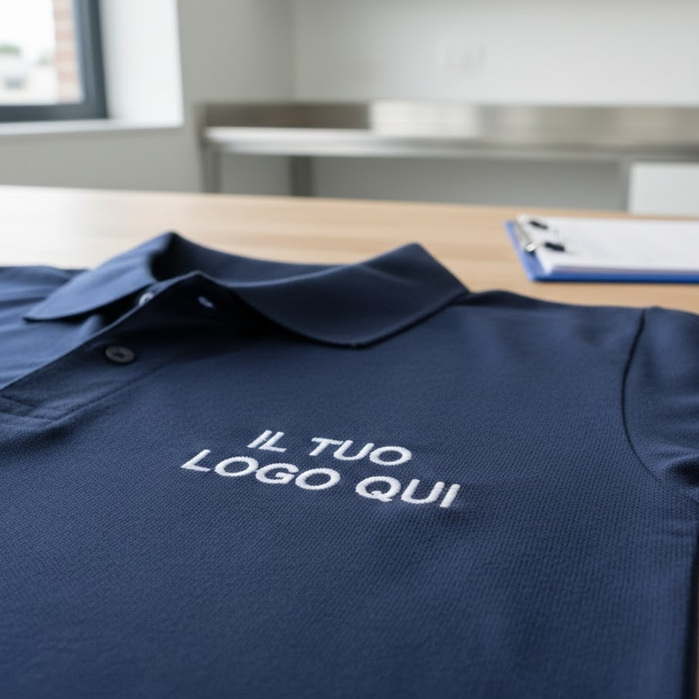 Dettaglio di una polo blu scuro con logo aziendale ricamato in bianco sul petto, appoggiata su un tavolo professionale con cartellina in background. Servizi di ricamo su divise Palestini.