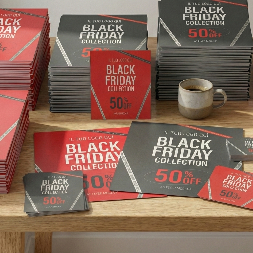 Pila di flyer e volantini promozionali personalizzati in vari formati (A5 e quadrati) per campagne Black Friday, pronti per la distribuzione aziendale. Servizi di stampa professionale Palestini per il marketing.