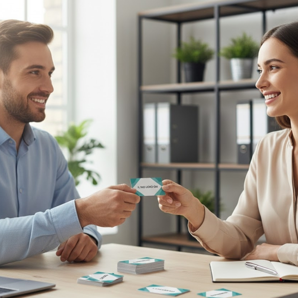 Un uomo e una donna in ufficio mentre si scambiano un biglietto da visita personalizzato con grafica geometrica verde. Soluzioni di stampa professionale per networking e identità aziendale Palestini.