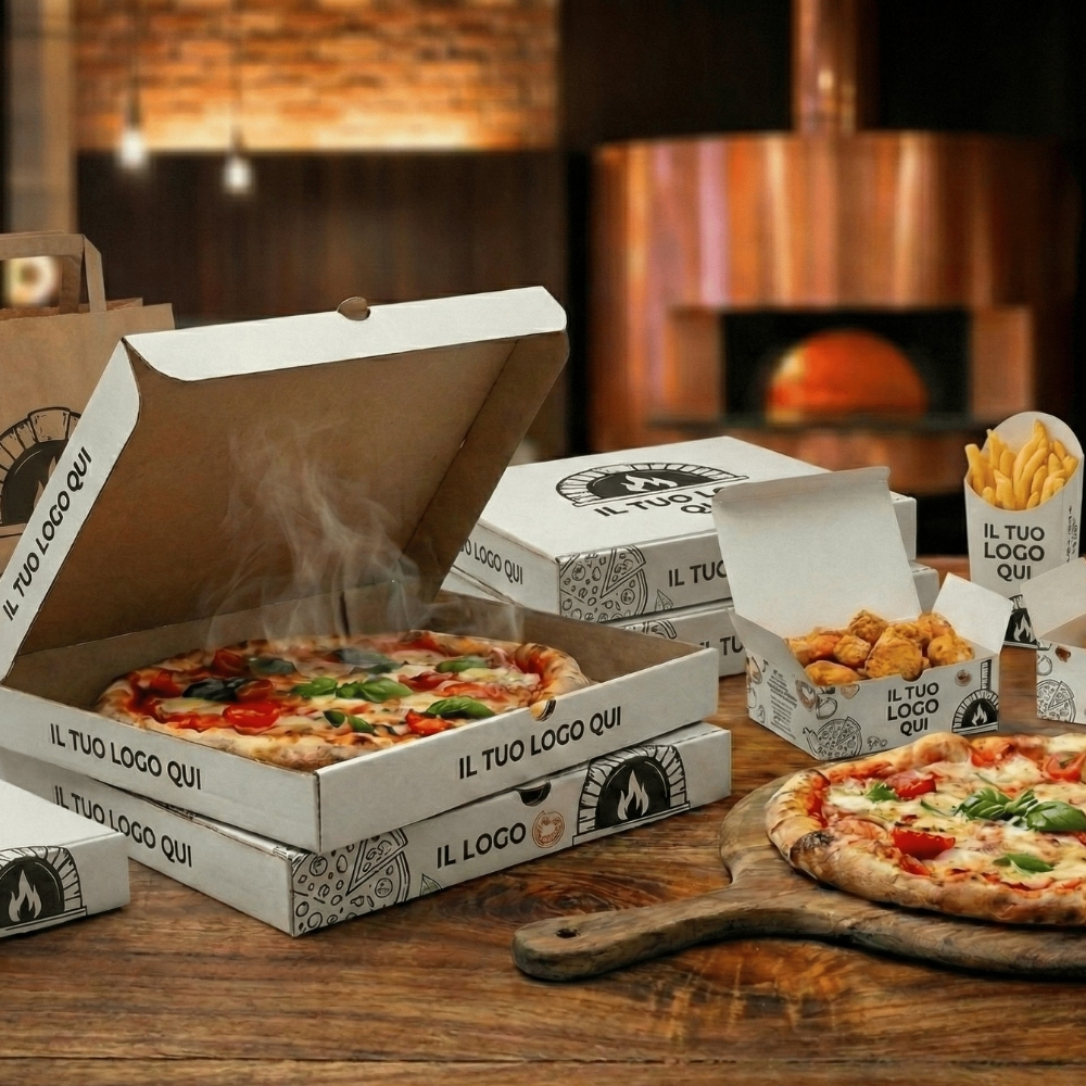 Dettaglio di scatole per pizza in cartone bianco personalizzate con logo e icona forno, contenitore per fritti e cono patatine coordinati su tavolo in legno. Soluzioni di packaging professionale per pizzerie Palestini.