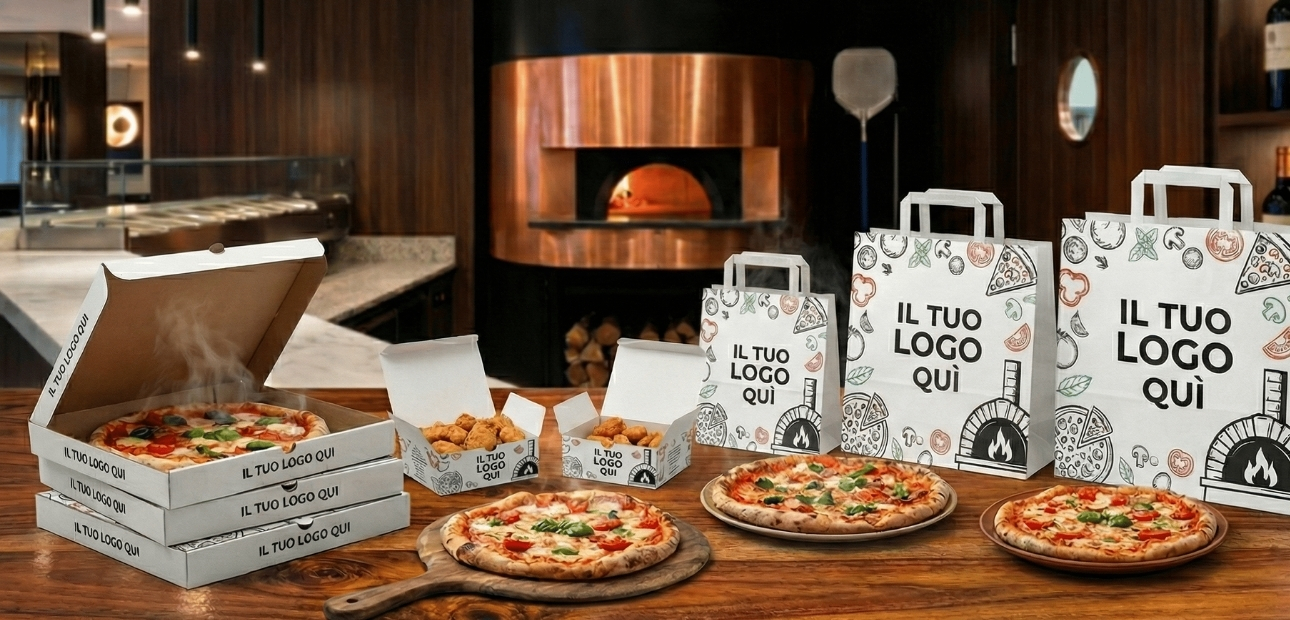 Linea completa di packaging per pizzeria e friggitoria: scatole pizza impilabili, contenitori per fritti e shopper in carta personalizzati con logo e grafiche a tema. Ambientazione professionale con forno a legna per forniture B2B Palestini.