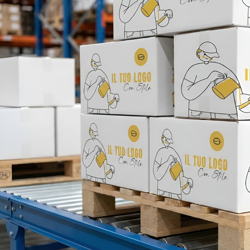 Dettaglio di scatole in cartone bianco su misura per e-commerce con stampa personalizzata su nastro trasportatore in un centro logistico. Soluzioni di packaging professionale per spedizioni B2B Palestini.