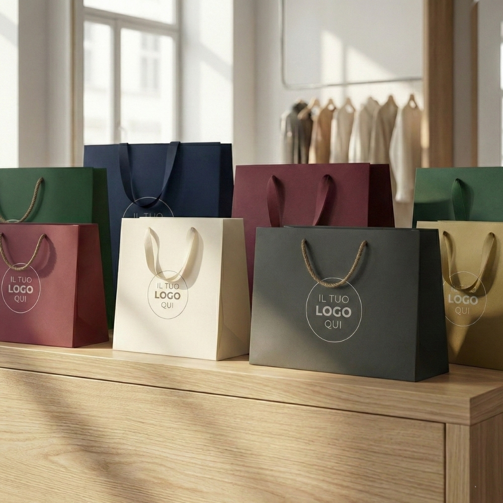 Assortimento di buste shopper in carta di lusso in vari colori come verde, bordeaux, blu e crema, con manici in corda e nastro. Packaging personalizzabile per negozi, boutique e attività commerciali B2B Palestini.