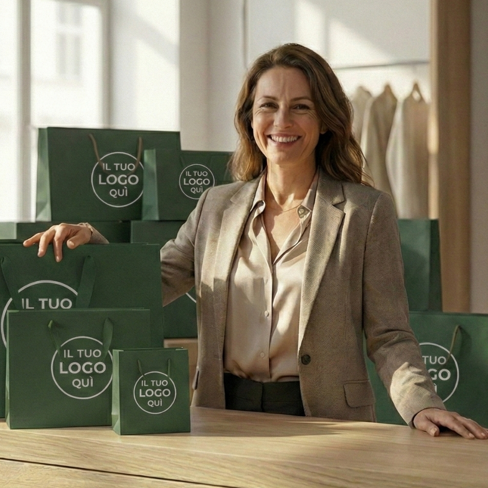 Donna sorridente in un negozio di abbigliamento dietro un bancone con diverse shopper in carta verde scuro personalizzate. Forniture di buste eleganti per il retail e boutique Palestini.