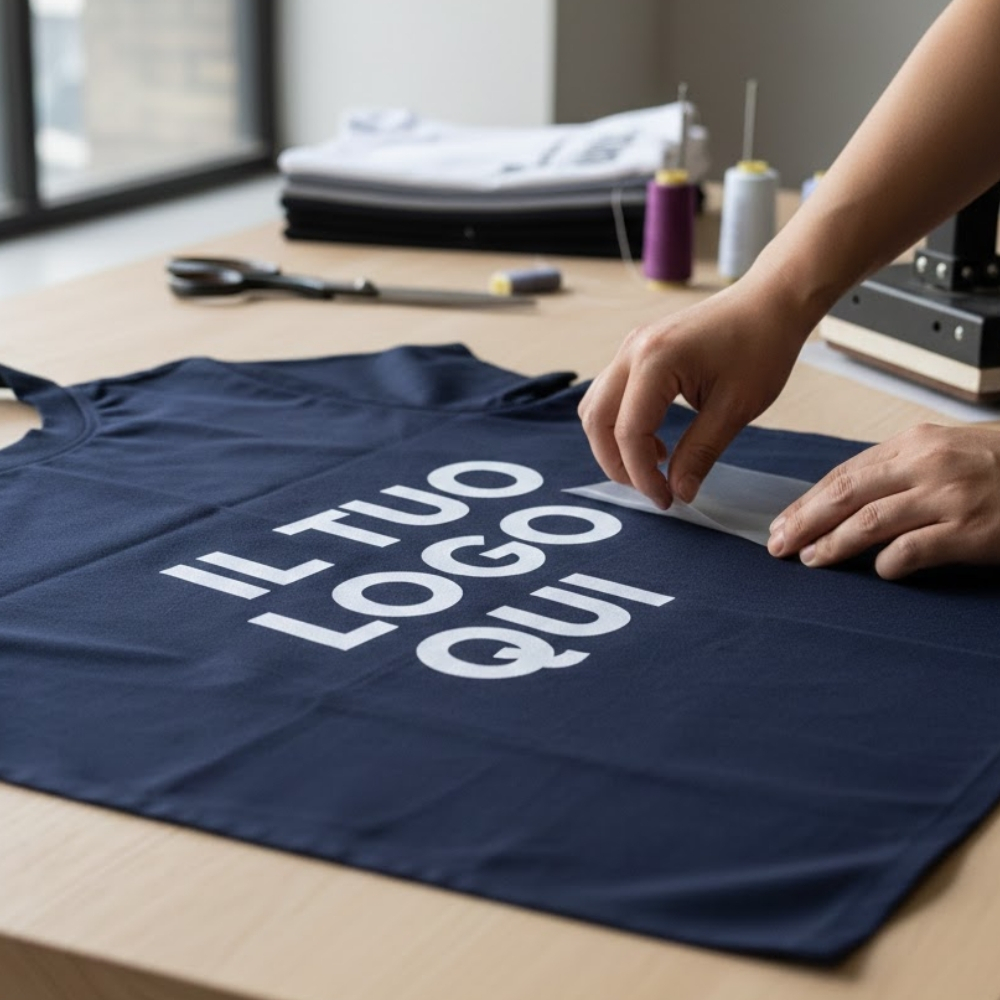 Dettaglio della personalizzazione di una t-shirt blu navy: mani di un professionista che rimuovono con precisione la pellicola protettiva da un logo bianco stampato a caldo. Servizi di stampa su abbigliamento Palestini.
