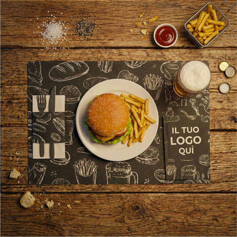 Vista dall'alto di un coperto con hamburger, patatine e birra su tovaglietta americana e portaposate in carta personalizzati con grafica "chalkboard". Soluzioni di branding per pub e ristorazione Palestini.