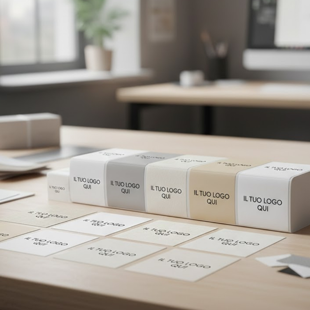 Assortimento di etichette adesive personalizzate in diverse tonalità (grigio, panna, beige) applicate su packaging e disposte su una scrivania da ufficio. Soluzioni di branding versatile Palestini.
