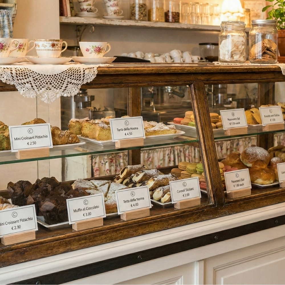 Vetrina espositiva di una pasticceria con muffin, cannoli e torte, ognuno accompagnato dal proprio cartellino segnaprezzo personalizzato inserito in un supporto di legno. Soluzioni di allestimento Palestini.